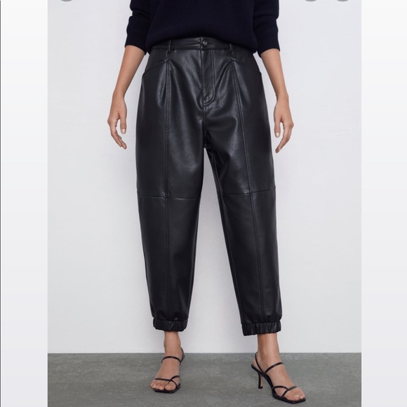 Zara Black Faux Leather Jogger Pants - Picture 1 of 12